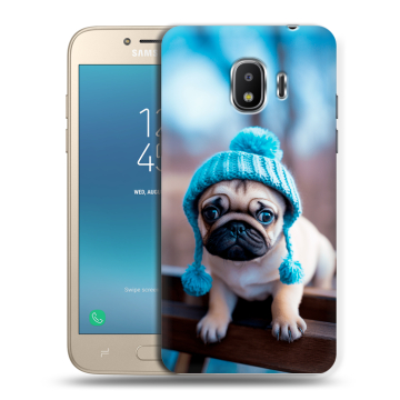 Силиконовый противоударный чехол на Samsung Galaxy J2 (2018) с принтом Мопс в шапке Силиконовый противоударный чехол на Samsung Galaxy J2 (2018) с принтом Мопс в шапке
