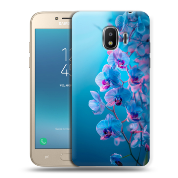 Силиконовый противоударный чехол на Samsung Galaxy J2 (2018) с принтом голубые орхидеи Силиконовый противоударный чехол на Samsung Galaxy J2 (2018) с принтом голубые орхидеи