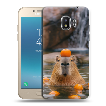 Силиконовый противоударный чехол на Samsung Galaxy J2 (2018) с принтом Капибара с апельсином Силиконовый противоударный чехол на Samsung Galaxy J2 (2018) с принтом Капибара с апельсином