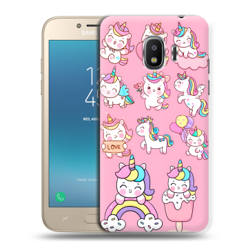 Силиконовый противоударный чехол на Samsung Galaxy J2 (2018) с принтом Единороги и радуга Силиконовый противоударный чехол на Samsung Galaxy J2 (2018) с принтом Единороги и радуга
