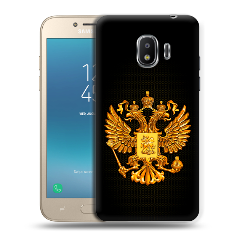 Пластиковый чехол на Samsung Galaxy J2 (2018) с принтом Герб России желтый Пластиковый чехол на Samsung Galaxy J2 (2018) с принтом Герб России желтый