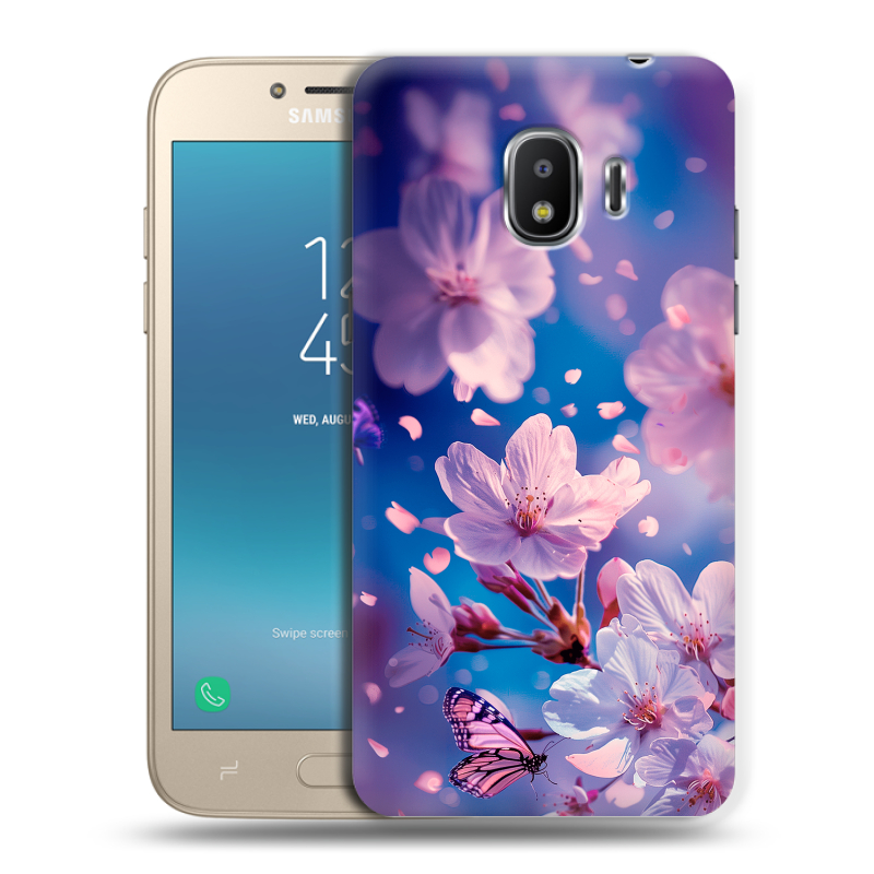 Силиконовый противоударный чехол на Samsung Galaxy J2 (2018) с принтом цветы бабочки Силиконовый противоударный чехол на Samsung Galaxy J2 (2018) с принтом цветы бабочки