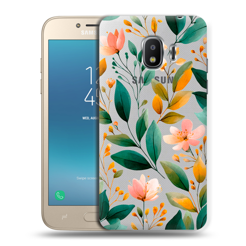 Силиконовый противоударный чехол на Samsung Galaxy J2 (2018) с принтом Цветы паттерн Силиконовый противоударный чехол на Samsung Galaxy J2 (2018) с принтом Цветы паттерн