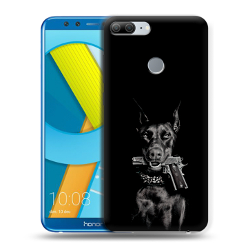 Силиконовый чехол на Huawei Honor 9 Lite с принтом Доберман и пистолет