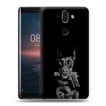 Силиконовый чехол на Nokia 8 Sirocco с принтом Доберман и пистолет Силиконовый чехол на Nokia 8 Sirocco с принтом Доберман и пистолет