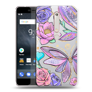 Пластиковый чехол на Nokia 6 (2018) с принтом Бабочки и цветы
