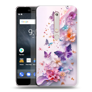 Пластиковый чехол на Nokia 6 (2018) с принтом цветы бабочки Пластиковый чехол на Nokia 6 (2018) с принтом цветы бабочки
