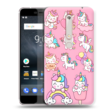 Пластиковый чехол на Nokia 6 (2018) с принтом Единороги и радуга Пластиковый чехол на Nokia 6 (2018) с принтом Единороги и радуга