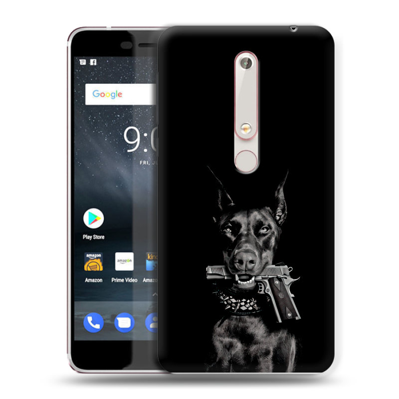 Пластиковый чехол на Nokia 6 (2018) с принтом Доберман и пистолет Пластиковый чехол на Nokia 6 (2018) с принтом Доберман и пистолет