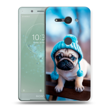 Силиконовый чехол на Sony Xperia XZ2 Compact с принтом Мопс в шапке Силиконовый чехол на Sony Xperia XZ2 Compact с принтом Мопс в шапке