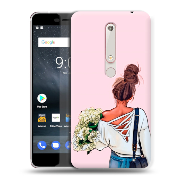 Пластиковый чехол на Nokia 6.1 с принтом Девушка и букет Пластиковый чехол на Nokia 6.1 с принтом Девушка и букет