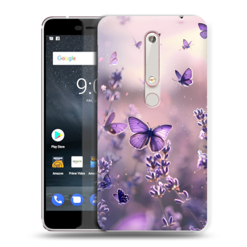 Пластиковый чехол на Nokia 6.1 с принтом бабочки и лаванда Пластиковый чехол на Nokia 6.1 с принтом бабочки и лаванда
