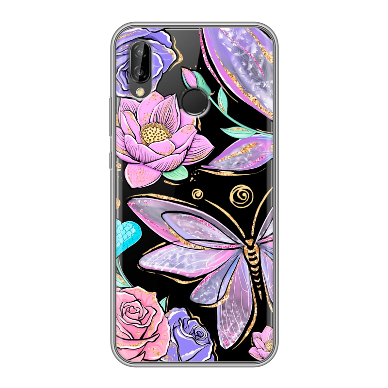 Силиконовый чехол на Huawei P20 Lite с принтом Бабочки и цветы Силиконовый чехол на Huawei P20 Lite с принтом Бабочки и цветы