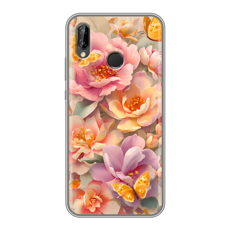 Силиконовый противоударный чехол на Huawei P20 Lite с принтом Цветы и бабочки Силиконовый противоударный чехол на Huawei P20 Lite с принтом Цветы и бабочки