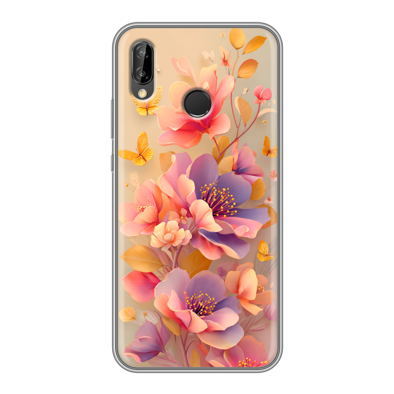Силиконовый противоударный чехол на Huawei P20 Lite с принтом Цветы и бабочки Силиконовый противоударный чехол на Huawei P20 Lite с принтом Цветы и бабочки