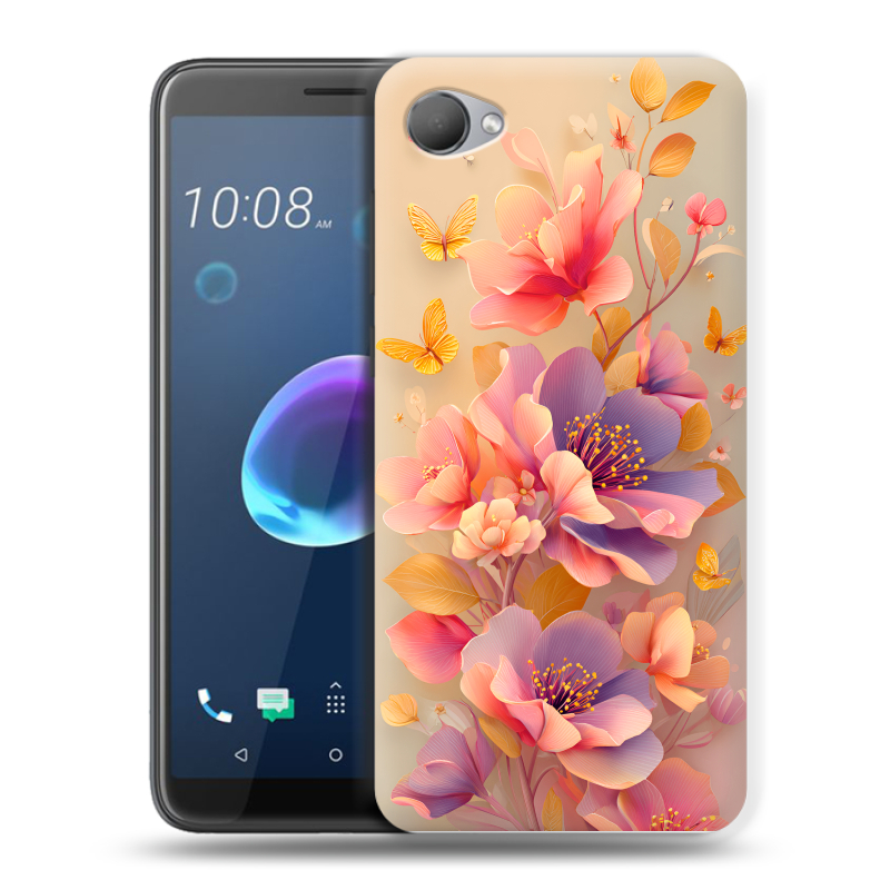Силиконовый чехол на HTC Desire 12 с принтом Цветы и бабочки Силиконовый чехол на HTC Desire 12 с принтом Цветы и бабочки