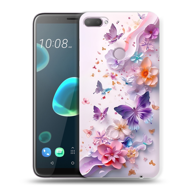 Пластиковый чехол на HTC Desire 12 Plus с принтом цветы бабочки Пластиковый чехол на HTC Desire 12 Plus с принтом цветы бабочки