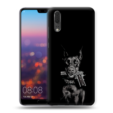 Силиконовый чехол на Huawei P20 с принтом Доберман и пистолет Силиконовый чехол на Huawei P20 с принтом Доберман и пистолет