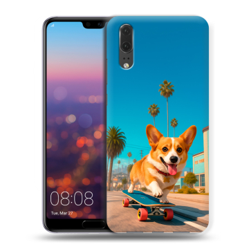 Силиконовый чехол на Huawei P20 с принтом Корги на скейте