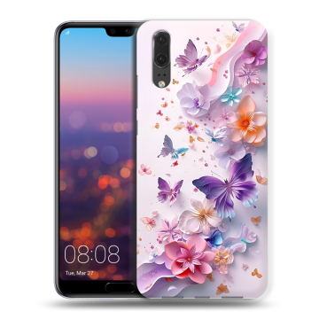 Силиконовый чехол на Huawei P20 с принтом цветы бабочки