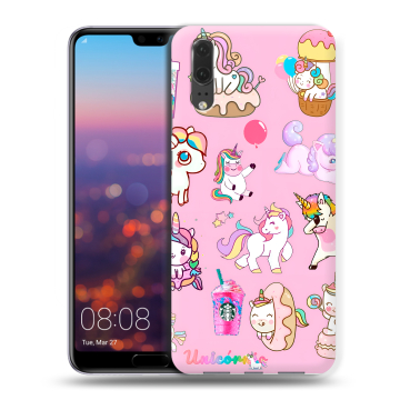 Силиконовый чехол на Huawei P20 с принтом розовые единороги