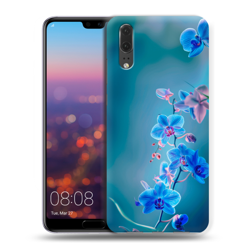 Силиконовый чехол на Huawei P20 с принтом Голубые цветы Силиконовый чехол на Huawei P20 с принтом Голубые цветы