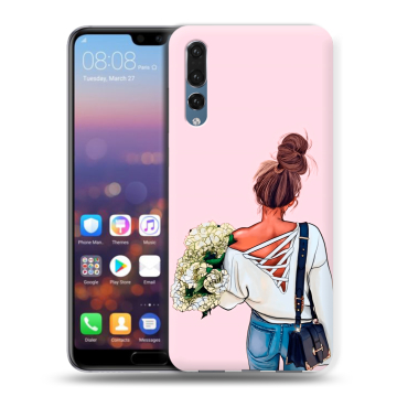 Силиконовый противоударный чехол на Huawei P20 Pro с принтом Девушка и букет