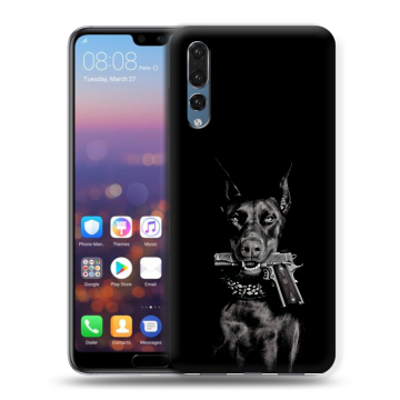 Силиконовый противоударный чехол на Huawei P20 Pro с принтом Доберман и пистолет