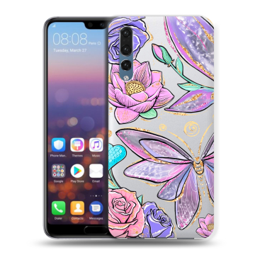 Силиконовый противоударный чехол на Huawei P20 Pro с принтом Бабочки и цветы Силиконовый противоударный чехол на Huawei P20 Pro с принтом Бабочки и цветы