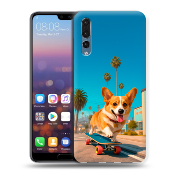 Силиконовый противоударный чехол на Huawei P20 Pro с принтом Корги на скейте