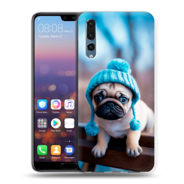 Силиконовый противоударный чехол на Huawei P20 Pro с принтом Мопс в шапке Силиконовый противоударный чехол на Huawei P20 Pro с принтом Мопс в шапке