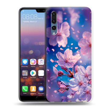 Силиконовый противоударный чехол на Huawei P20 Pro с принтом цветы бабочки Силиконовый противоударный чехол на Huawei P20 Pro с принтом цветы бабочки