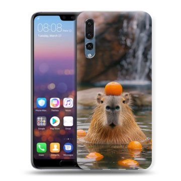 Силиконовый противоударный чехол на Huawei P20 Pro с принтом Капибара с апельсином