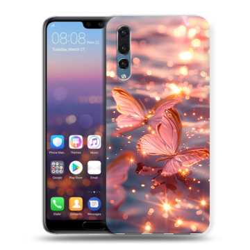 Силиконовый противоударный чехол на Huawei P20 Pro с принтом бабочки розовые