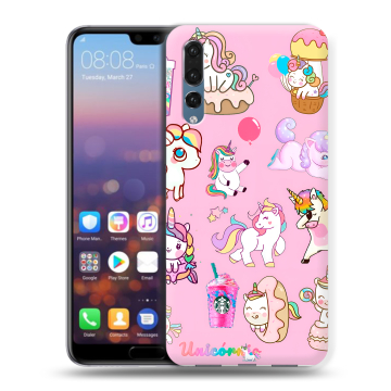 Силиконовый противоударный чехол на Huawei P20 Pro с принтом розовые единороги Силиконовый противоударный чехол на Huawei P20 Pro с принтом розовые единороги