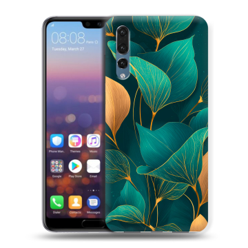 Силиконовый противоударный чехол на Huawei P20 Pro с принтом Листья и золото