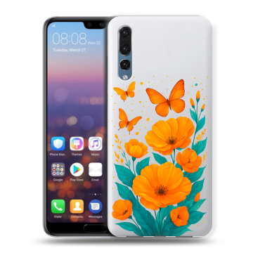 Силиконовый противоударный чехол на Huawei P20 Pro с принтом цветы бабочки