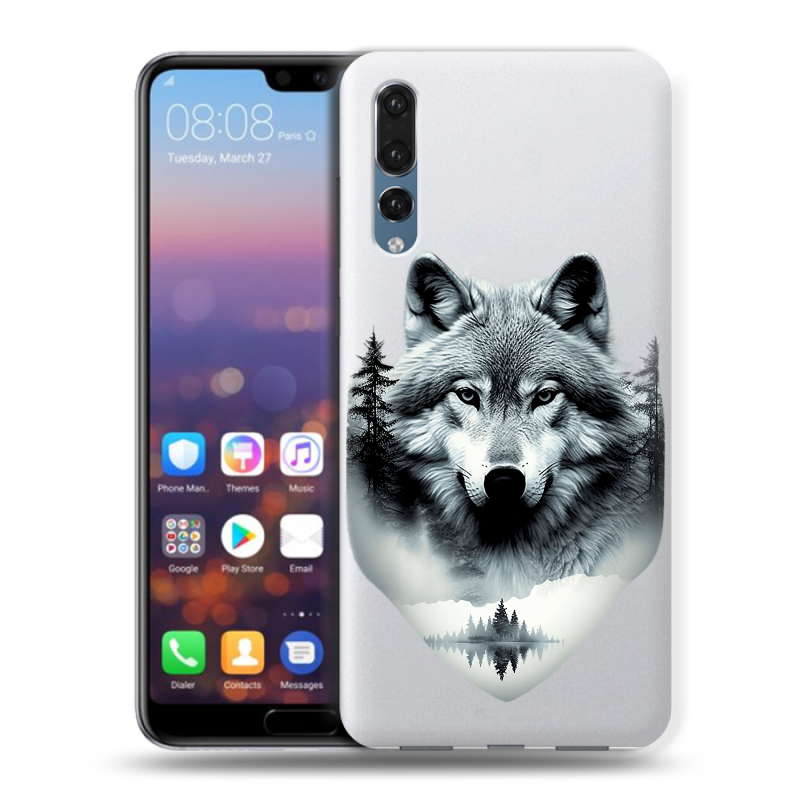 Силиконовый противоударный чехол на Huawei P20 Pro с принтом Волк в лесу Силиконовый противоударный чехол на Huawei P20 Pro с принтом Волк в лесу