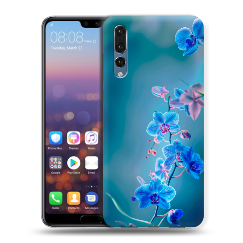 Силиконовый противоударный чехол на Huawei P20 Pro с принтом Голубые цветы Силиконовый противоударный чехол на Huawei P20 Pro с принтом Голубые цветы