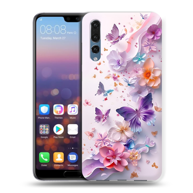 Силиконовый противоударный чехол на Huawei P20 Pro с принтом цветы бабочки Силиконовый противоударный чехол на Huawei P20 Pro с принтом цветы бабочки