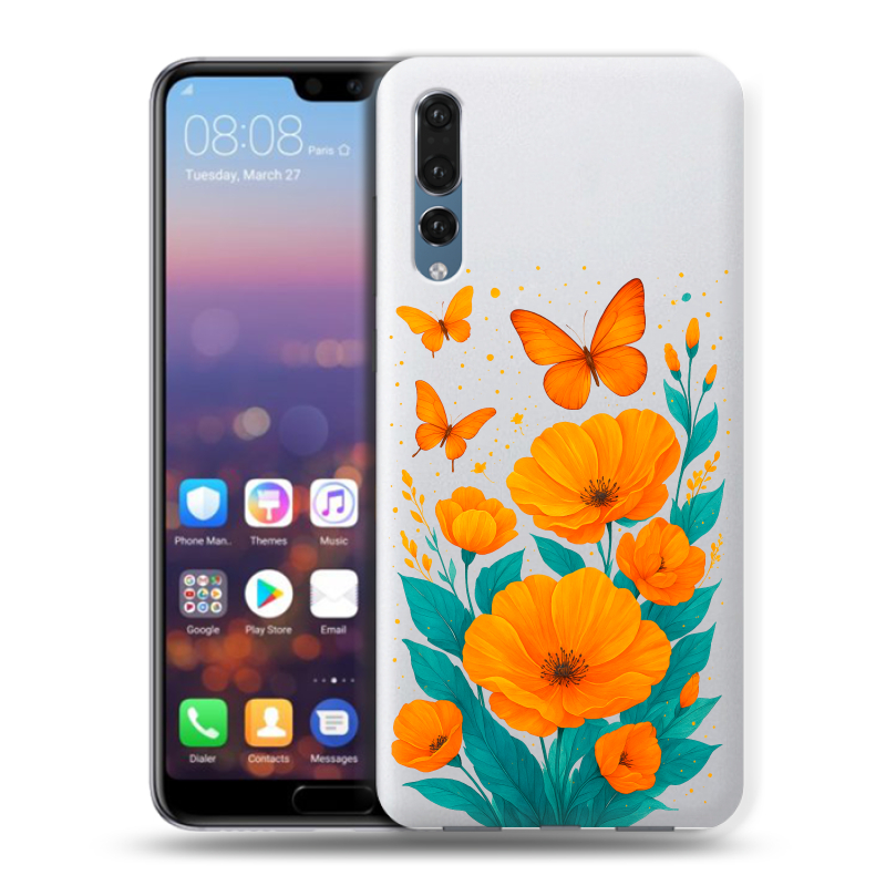 Пластиковый чехол на Huawei P20 Pro с принтом цветы бабочки Пластиковый чехол на Huawei P20 Pro с принтом цветы бабочки