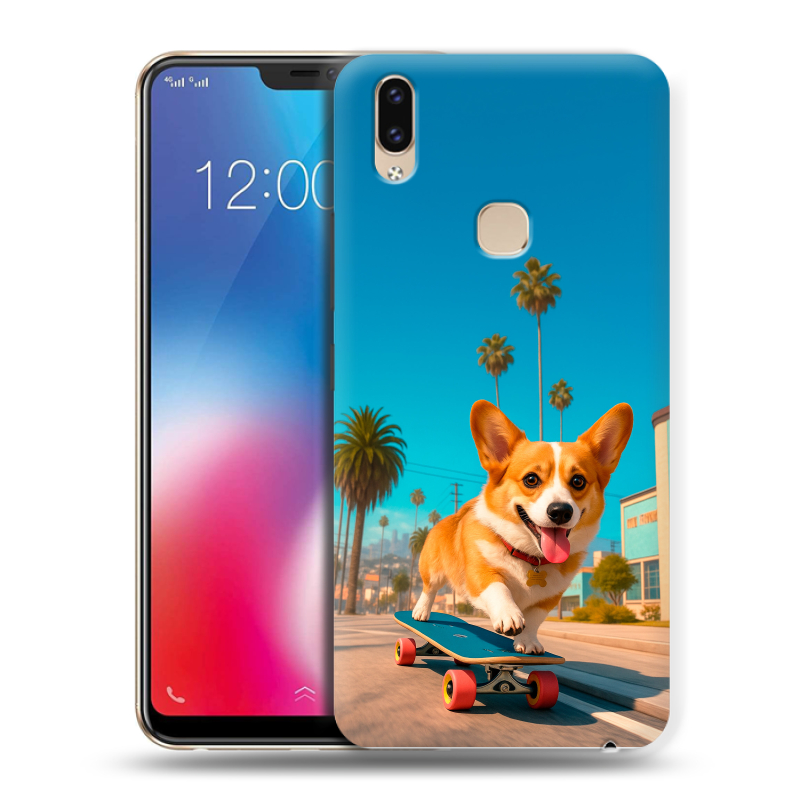 Силиконовый чехол на Vivo V9 с принтом Корги на скейте Силиконовый чехол на Vivo V9 с принтом Корги на скейте