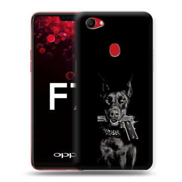 Пластиковый чехол на OPPO F7 с принтом Доберман и пистолет
