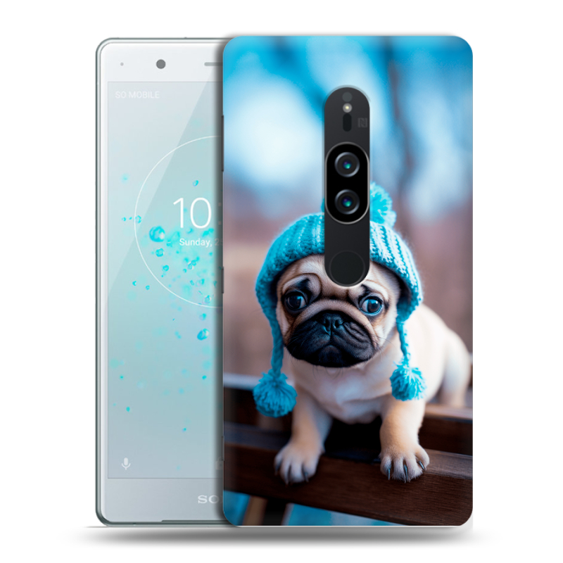 Пластиковый чехол на Sony Xperia XZ2 Premium с принтом Мопс в шапке Пластиковый чехол на Sony Xperia XZ2 Premium с принтом Мопс в шапке