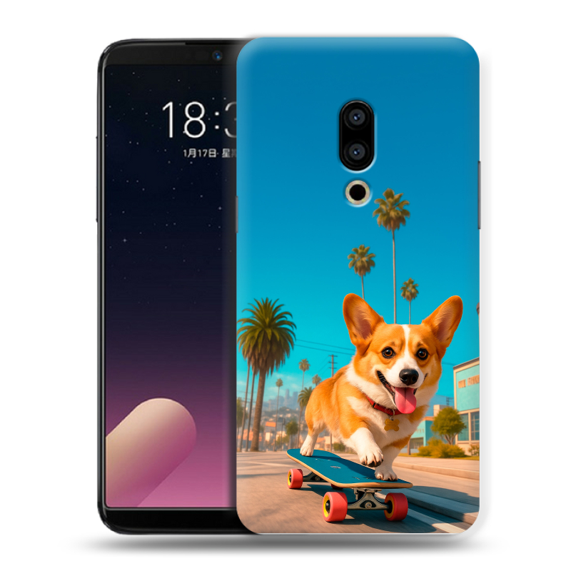 Силиконовый чехол на Meizu 15 Plus с принтом Корги на скейте Силиконовый чехол на Meizu 15 Plus с принтом Корги на скейте