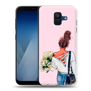 Силиконовый противоударный чехол на Samsung Galaxy A6 с принтом Девушка и букет Силиконовый противоударный чехол на Samsung Galaxy A6 с принтом Девушка и букет