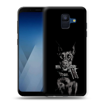 Силиконовый противоударный чехол на Samsung Galaxy A6 с принтом Доберман и пистолет Силиконовый противоударный чехол на Samsung Galaxy A6 с принтом Доберман и пистолет
