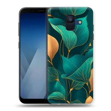 Силиконовый противоударный чехол на Samsung Galaxy A6 с принтом Листья и золото Силиконовый противоударный чехол на Samsung Galaxy A6 с принтом Листья и золото