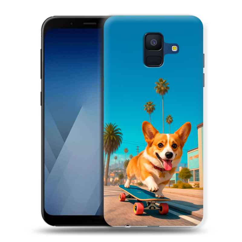 Силиконовый противоударный чехол на Samsung Galaxy A6 с принтом Корги на скейте Силиконовый противоударный чехол на Samsung Galaxy A6 с принтом Корги на скейте