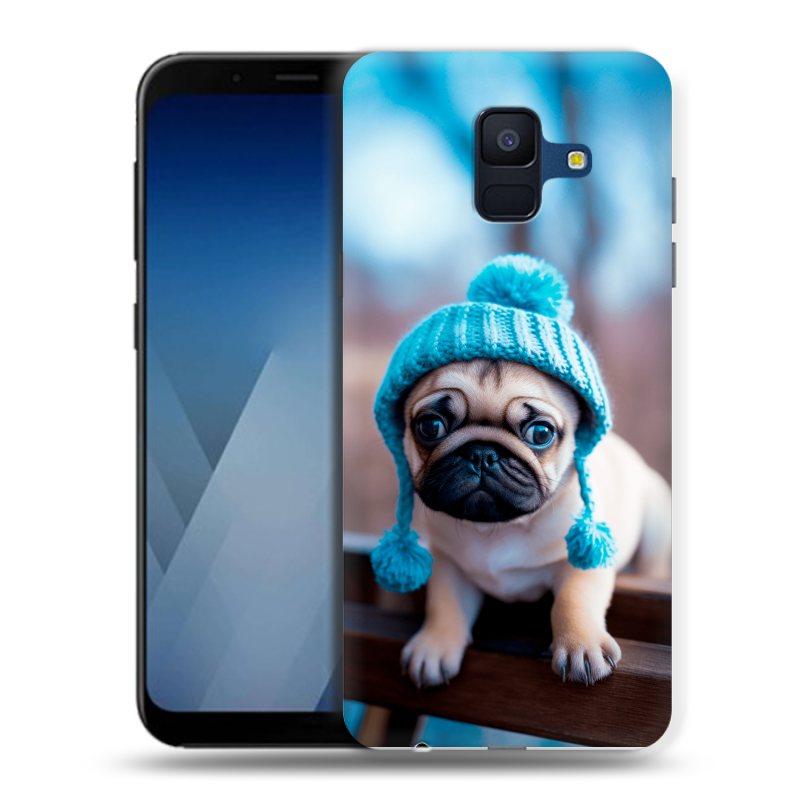 Силиконовый противоударный чехол на Samsung Galaxy A6 с принтом Мопс в шапке Силиконовый противоударный чехол на Samsung Galaxy A6 с принтом Мопс в шапке